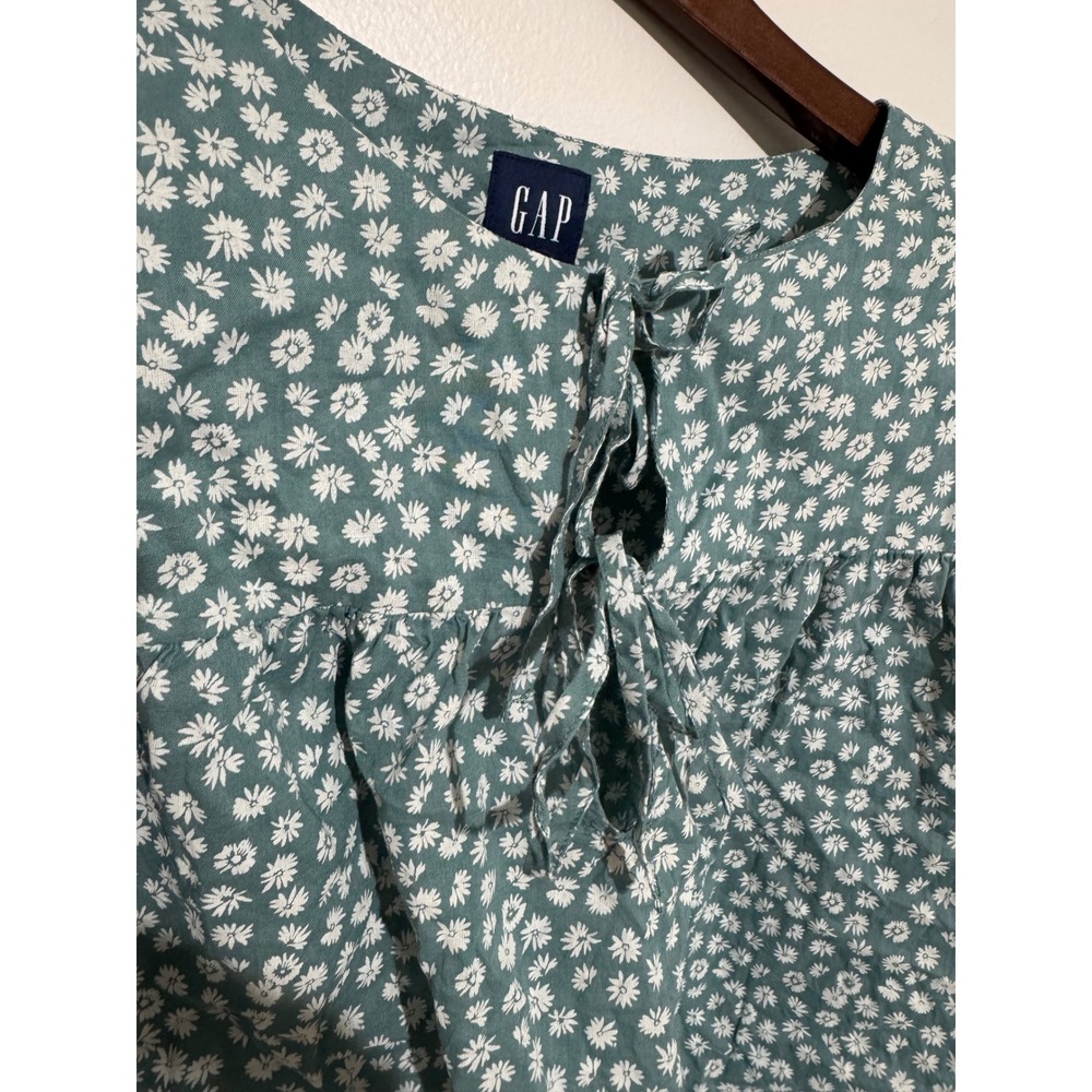 GAP Womens XXL Teal Green Daisy Floral Cotton Tie Neck Boho Peasant Blouse Top - Picture 5 of 9